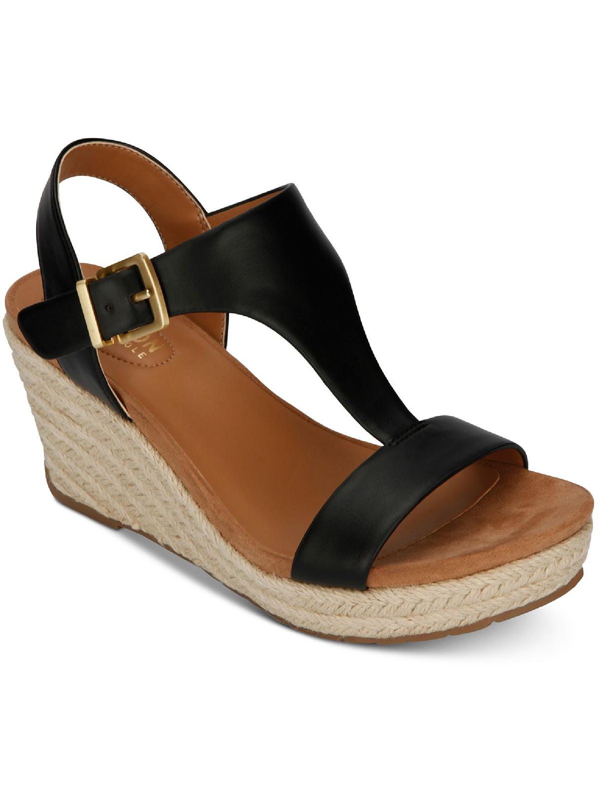 KENNETH COLE Womens Black T-Strap Moisture Wicking Breathable Ankle Strap Adjustable Strap Reaction Card Round Toe Wedge Buckle Espadrille Shoes 7.5 M